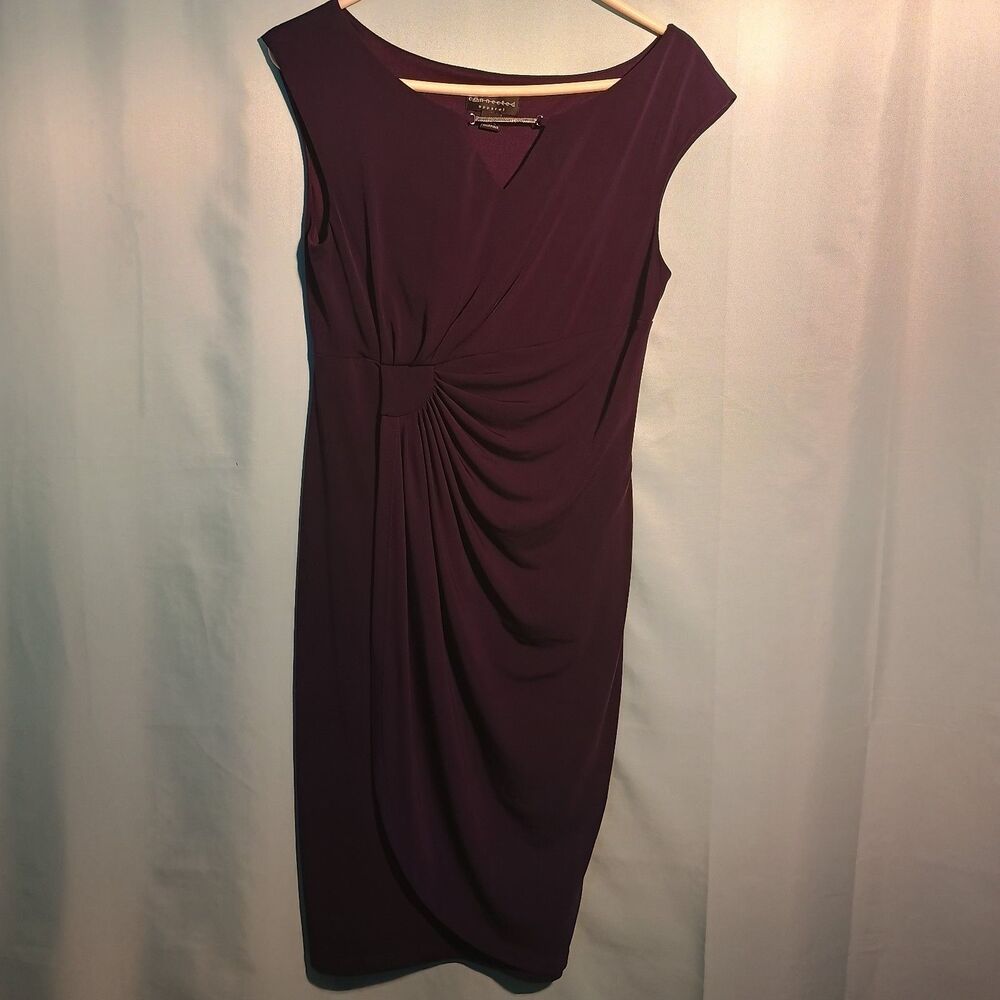 Women’s Sleeveless Purple Sheath Dress Size 10– Elegant Ruched Body con Cocktail